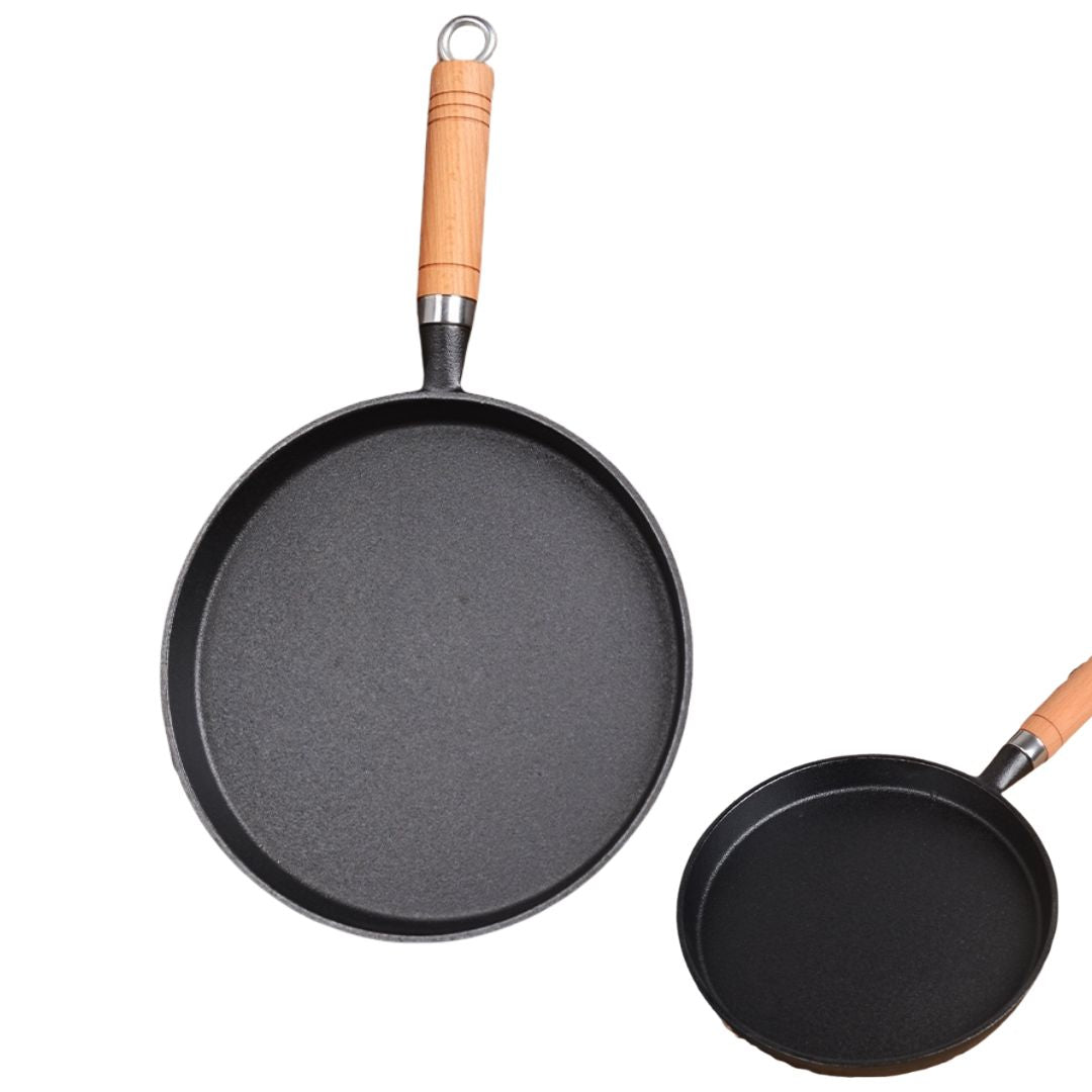26cm Cast Iron Crepe Pan / Tawa with Wooden Handle