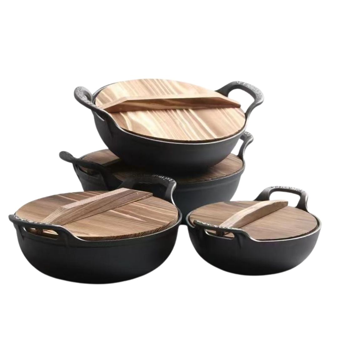 Cast Iron Wok with Wooden Lid