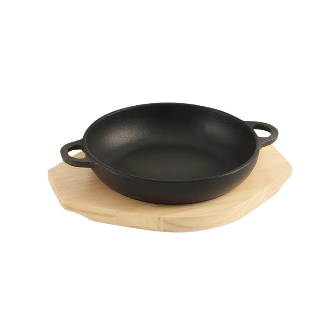Round Cast Iron Sizzing Pan with Wooden Base