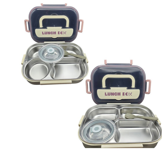 4-Compartment Stainless Steel Lunch Box with Round Container & Spoon