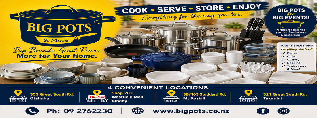Promotional banner for Big Pots & More, showcasing an assortment of cookware including stainless steel pots, a blue Dutch oven, white ceramic bowls, and mugs. The graphic features a yellow and navy blue design with text advertising 'Cook, Serve, Store, Enjoy' and listing four convenient locations with addresses and contact information.
